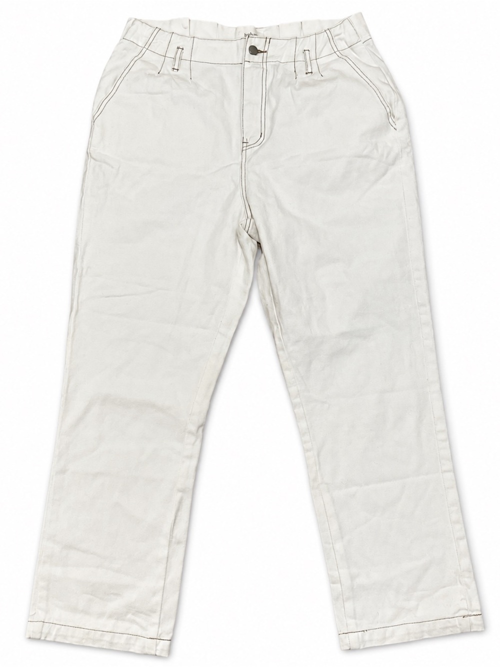 Bohme Ivory Contrast Stitch Ankle Pants Sz L High Rise Elastic Waist Pockets EU